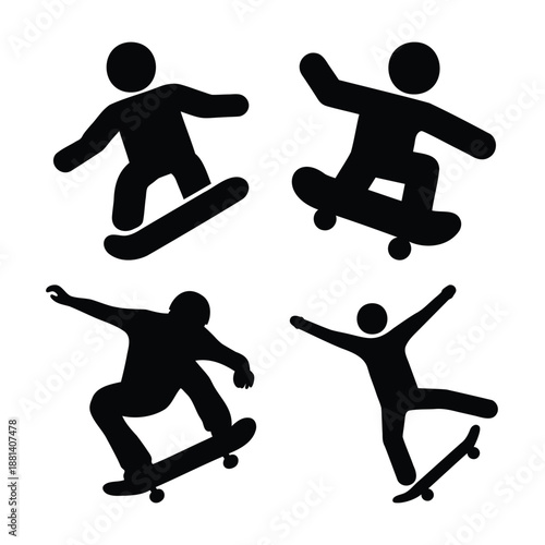 Dynamic silhouettes of skateboarders performing various tricks on a white background