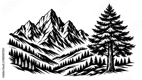 Bold line art illustration of a mountain landscape with a pine tree depicting a serene wilderness for outdoor themed designs