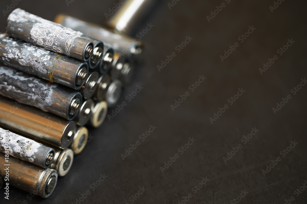 Fototapeta premium Old Corroded Batteries with Oxidation on Dark Background