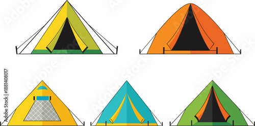 Colorful camping tent illustration set showing different outdoor tents for travel, hiking, and adventure themes