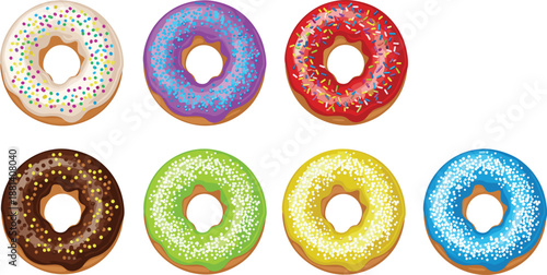 Colorful donut set illustration featuring assorted glazed donuts with sprinkles in bright flat vector style