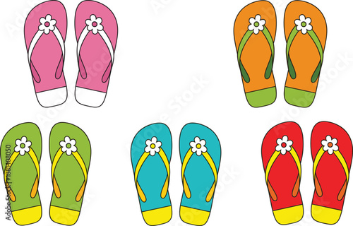 Colorful flip flop sandals vector set with floral decoration summer beach footwear isolated illustration