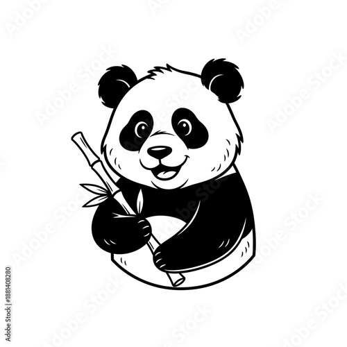 Adorable Giant Panda Holding Bamboo Stick Black and White Illustration.