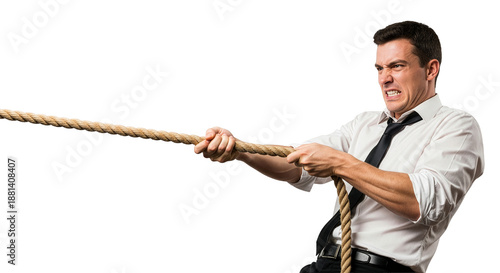 A determined businessman pulls a rope with intense effort, symbolizing competition