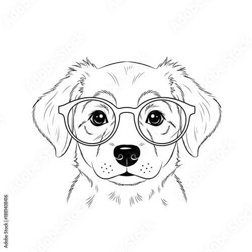 Adorable Puppy Wearing Glasses Black and White Line Art.