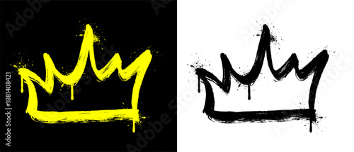 Bright yellow graffiti crown painted with spray effect and rough drips. Expressive grunge street art symbol with bold texture and hand drawn feel, isolated on white background