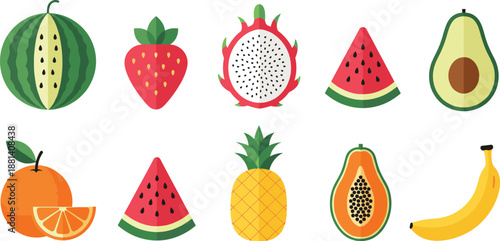 Colorful tropical fruit set illustration featuring sliced and whole fruits in flat, modern vector style