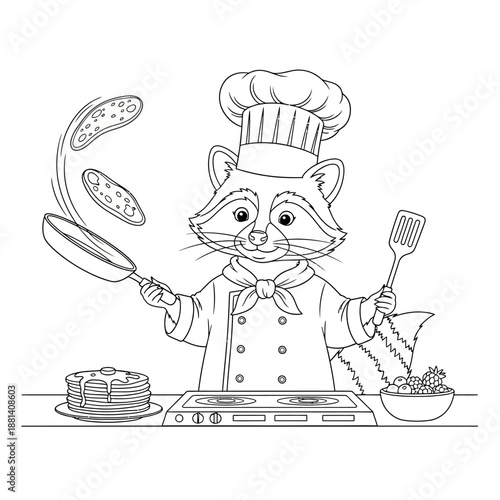 Cute Raccoon Chef Flipping Pancakes in Kitchen.