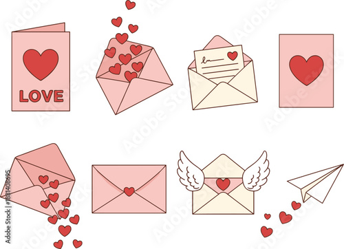 Cute love letters and envelopes illustration set with hearts, wings, paper plane, and romantic messages