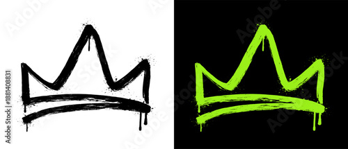 Spray painted graffiti crown symbol with dripping paint. Bold grunge street art illustration in black and neon green with rough brush strokes, isolated on light and dark backgrounds