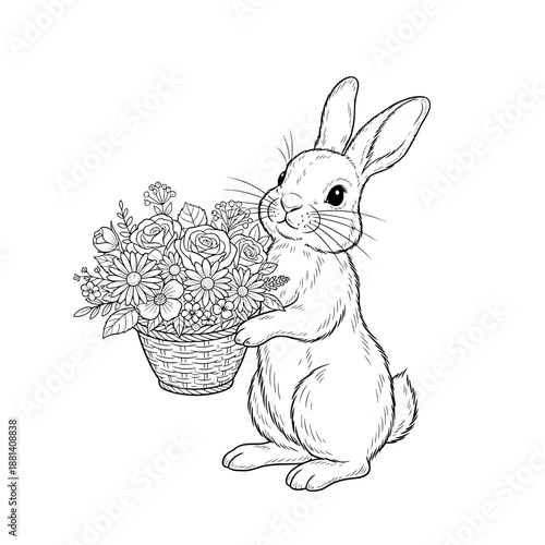 Cute Bunny Holding a Basket of Flowers Coloring Page.