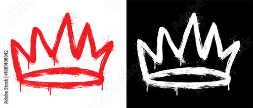 Red spray painted graffiti crown symbol with dripping paint. Bold grunge street art style design featuring rough brush strokes and urban texture, isolated on white background