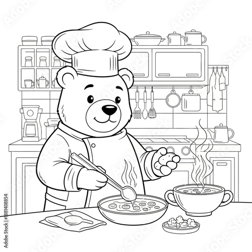 A charming bear chef in a toque and uniform, stirring a bowl of delicious soup with a ladle.
