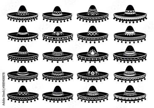 Hand drawn line art sombrero hat set featuring various decorative patterns for mexican celebrations