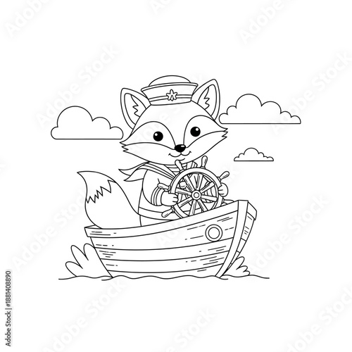 Cute Cartoon Fox Sailor Steering a Small Boat.