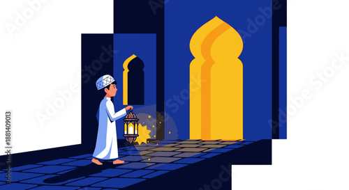 A young boy in traditional attire carries a glowing lantern, illuminating his path through a mystical blue corridor towards a bright, golden archway.
