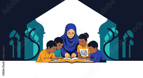 A kind Muslim teacher in a blue hijab patiently guides a diverse group of young children through an open book, fostering education within an Islamic community setting.