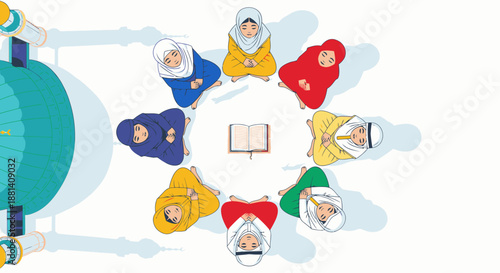 Diverse group of Muslim children, dressed in colorful traditional attire, gather in a mosque to study the Quran, symbolizing religious education and community.