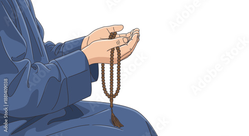 A person in traditional attire engages in deep spiritual reflection, holding prayer beads in cupped hands during a solemn moment of religious devotion.