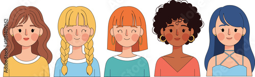 Diverse group of smiling women portraits with different hairstyles and skin tones in friendly flat illustration style