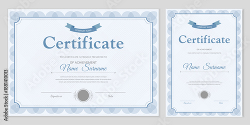 Set of certificate and diploma templates in blue tones. Horizontal and vertical layouts with a guilloche frame and ribbon. Editable vector design for official awards, business, and education.