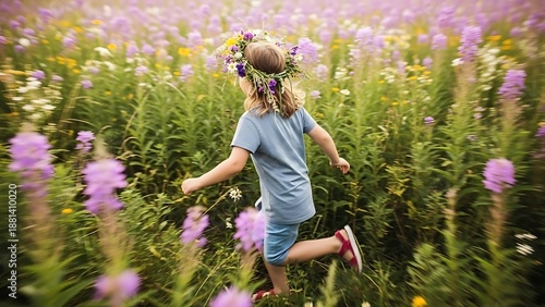 Whimsical Child Running Freely Through Tall Wildflower Field with Flower Crown | Summer Joy, Childhood Freedom, Nature Play
