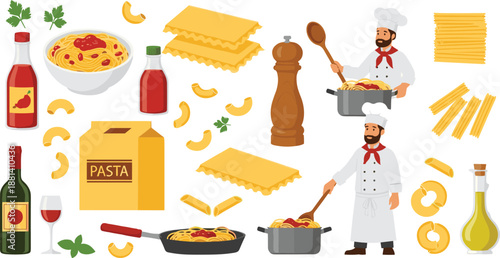 Italian pasta cooking elements vector set with chefs ingredients cookware and traditional food illustrations isolated