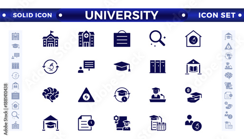 University solid icon collection set. Containing education, research, academic, degree, discipline, bachelor, post graduate, knowledge, college, task list, institute, ruler, and telescope icon. 