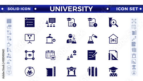University solid icon collection set. Containing education, research, academic, degree, discipline, bachelor, post graduate, knowledge, college, task list, institute, ruler, and telescope icon. 
