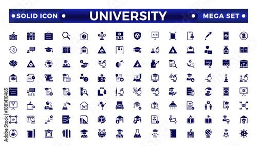 University solid icon collection set. Containing education, research, academic, degree, discipline, bachelor, post graduate, knowledge, college, task list, institute, ruler, and telescope icon. 