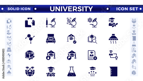 University solid icon collection set. Containing education, research, academic, degree, discipline, bachelor, post graduate, knowledge, college, task list, institute, ruler, and telescope icon. 