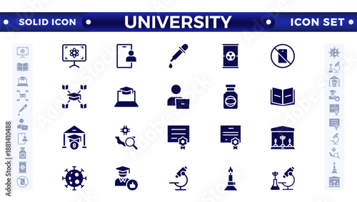 University solid icon collection set. Containing education, research, academic, degree, discipline, bachelor, post graduate, knowledge, college, task list, institute, ruler, and telescope icon. 