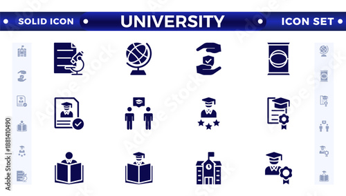 University solid icon collection set. Containing education, research, academic, degree, discipline, bachelor, post graduate, knowledge, college, task list, institute, ruler, and telescope icon. 