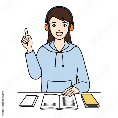 Smiling woman with noise protection earmuffs pointing finger up