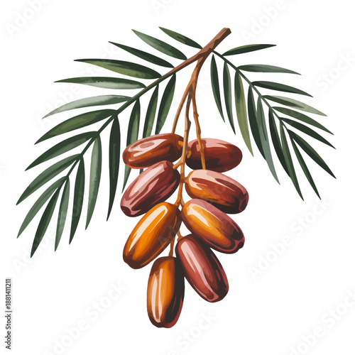 Fresh Dates Hanging on a Palm Tree Branch Watercolor Illustration, PNG with Alpha Channel