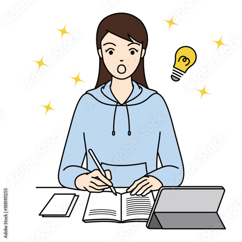 Surprised woman getting a great idea while studying at desk