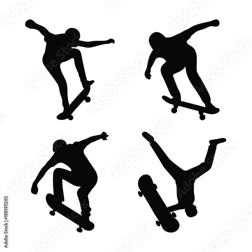 Dynamic skateboarder silhouettes showcasing various tricks and extreme sport actions
