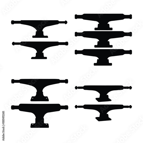 Eight identical black silhouettes of skateboard trucks on a clean white background