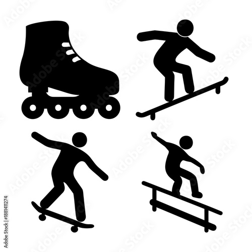 Collection of roller skating and skateboarding action sports silhouette icons