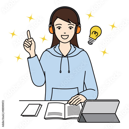 Happy woman wearing earmuffs getting a bright idea during online study