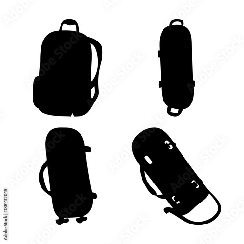 Collection of diverse skateboard silhouettes and a classic backpack graphic