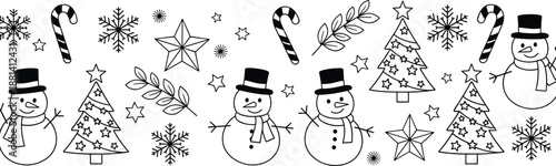 Christmas doodle illustration set with snowmen trees stars candy canes snowflakes, festive winter holiday elements, hand drawn black vector icons isolated on white background