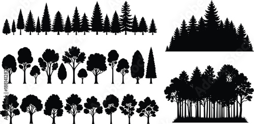 Forest tree silhouette collection illustration with pine and deciduous woodland shapes, nature landscape elements set, black vector icons isolated on white background