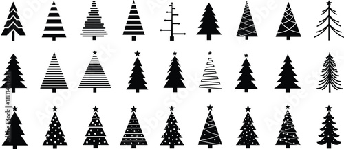 Minimalist Christmas tree silhouette icon set, modern geometric holiday trees collection, festive winter symbols, black vector illustrations isolated on white background