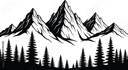 Mountain forest silhouette illustration, alpine peaks with pine trees landscape, wilderness nature scenery, outdoor adventure design, black vector artwork isolated on white background