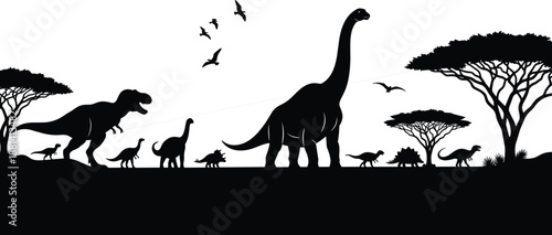 Prehistoric dinosaur silhouette illustration showing jurassic herd in savanna landscape with trees and flying birds, wildlife nature scene, black vector artwork