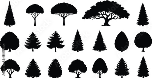 Tree silhouette illustration set featuring mixed evergreen and deciduous forest shapes, botanical woodland nature collection, black vector icons isolated on white background