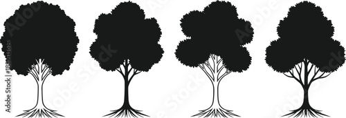 Tree silhouette illustration set with leafy canopy and roots, natural forest elements, botanical nature collection, black vector artwork isolated on white background