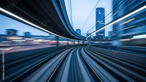 High-speed train journey through urban skyline