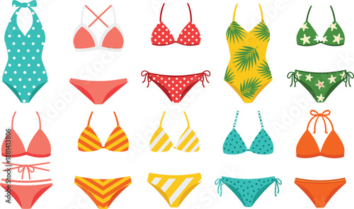 Women swimwear bikini and swimsuit vector set with colorful summer beach fashion designs isolated